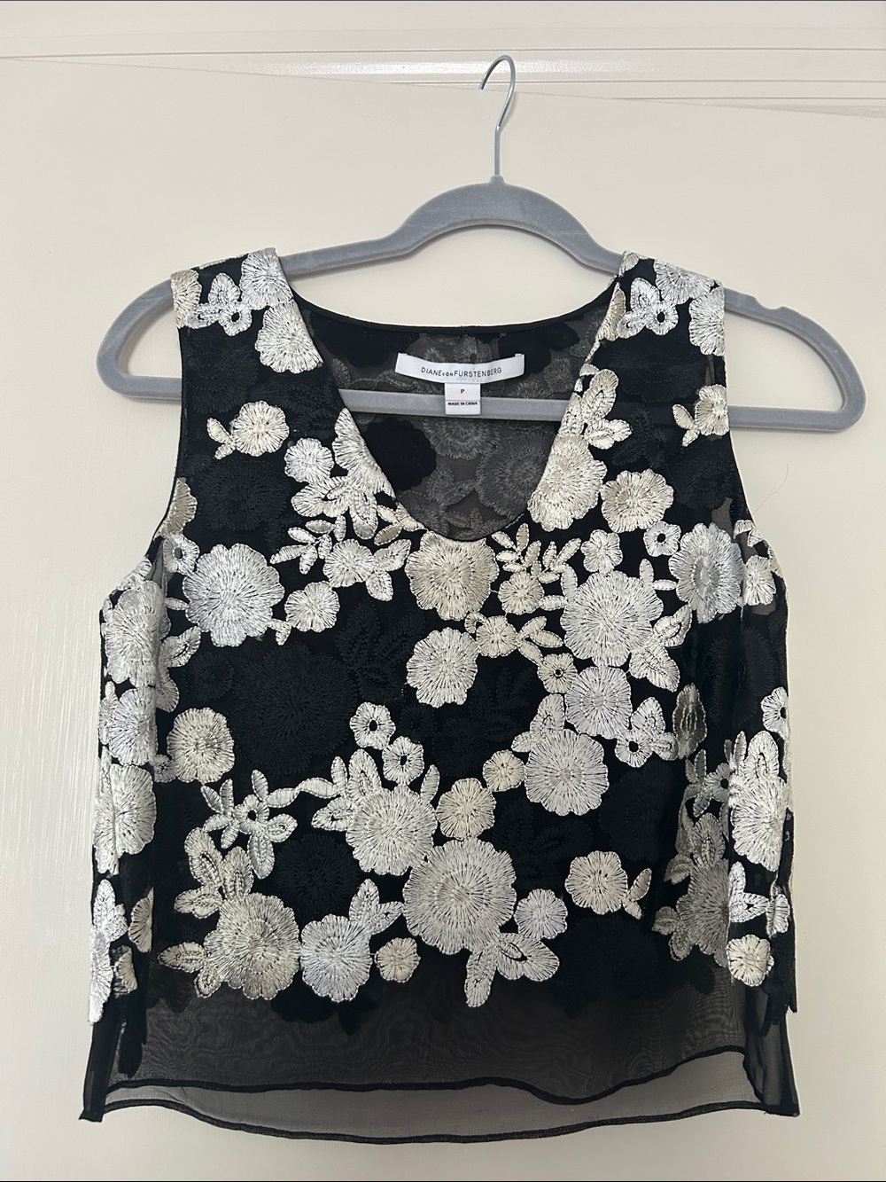 Diane Von Furstenberg Black Sleeveless Top, Silver and White Floral Embroidery